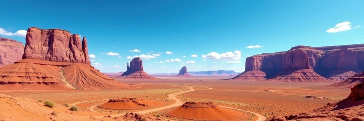 Fototapeta premium Striated rock formations against a vast blue sky , background, sunlight, monument valley