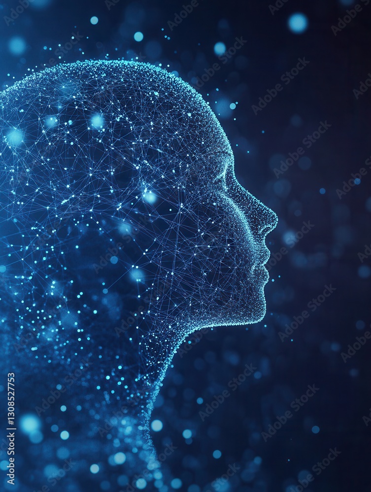 Aufkleber Futuristic silhouette of a human formed by digital particles in a high tech environment representing AI driven politics Generative AI