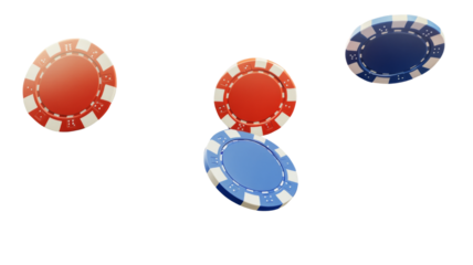 Red and blue casino chips falling on transparent background