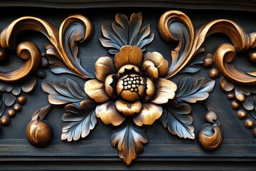 Intricate carved wooden floral design, dark wood background. Perfect for furniture, decor, or luxury branding projects.