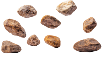 Ten brown stones falling on transparent background