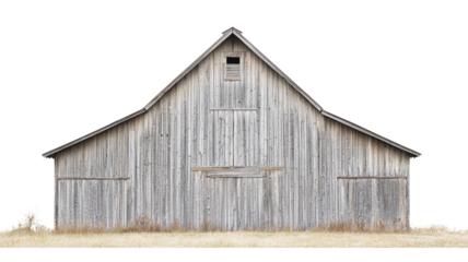 Old wooden barn standing in dry field with transparent background