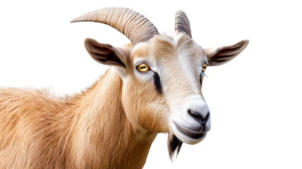 Portrait of a goat with horns showing on transparent background