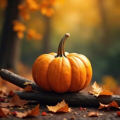 A golden pumpkin on an autumnal branch with fallen leaves, flowers, leafy, branches
