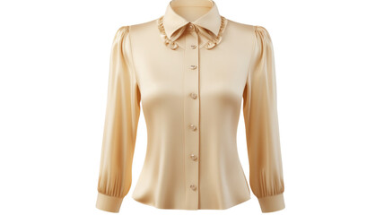 Elegant beige silk blouse with ruffled collar on transparent background