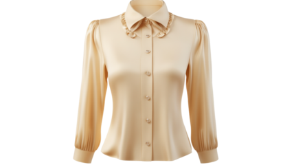 Elegant beige silk blouse with ruffled collar on transparent background