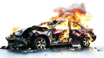 Burning car crash on transparent background with fire and smoke