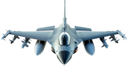 Fighter jet armed with missiles flying on transparent background