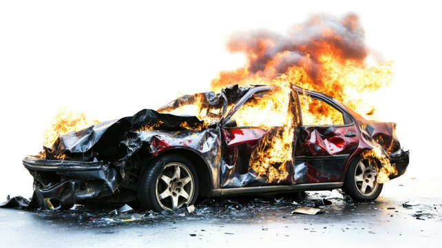Burning car crash on transparent background with fire and smoke
