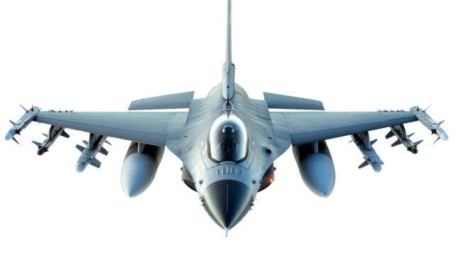 Fighter jet armed with missiles flying on transparent background