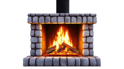 Burning fireplace with stone frame on transparent background