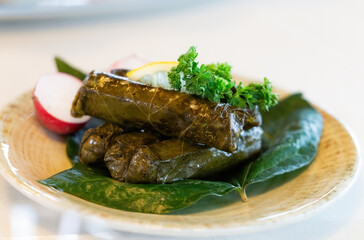 Stuffed vine leaves with olive oil. Dolma, delicious wrap found in traditional Turkish cuisine. Served with radish and lemon. Close-up.
