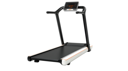 Modern treadmill showing speed, time, distance, and calories burned on transparent background