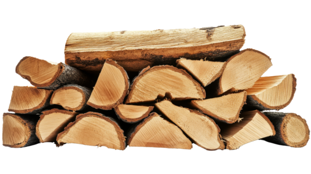 Pile of firewood logs isolated on transparent background