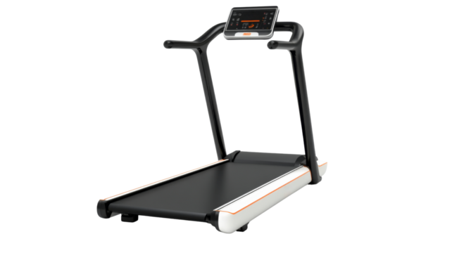 Modern treadmill showing speed, time, distance, and calories burned on transparent background