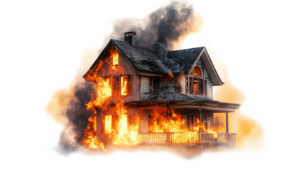 Burning house with transparent background engulfed in flames and smoke