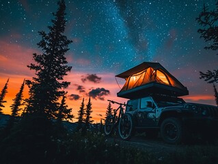 Illuminated rooftop tent on a vehicle at night under a starry sky, with mountain backdrop and bicycle.
