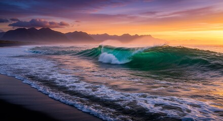 Ocean Wave Crashing at Sunset with Mountains in the Background