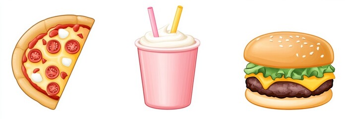Beloved fast food options: a burger, a strawberry smoothie, and a pepperoni pizza. A scrumptious trio for a gratifying meal