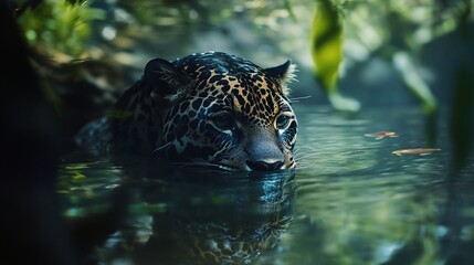 A jaguar partially submerged in dark, murky water, its reflection visible, surrounded by lush green foliage.