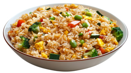 Bowl of delicious fried rice with vegetables and scrambled eggs on transparent background