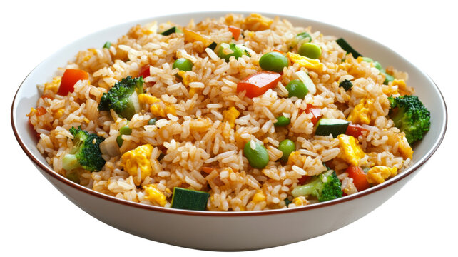 Bowl of delicious fried rice with vegetables and scrambled eggs on transparent background