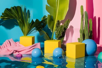 Colorful Abstract Tropical Scene with Geometric Shapes and Water Reflection
