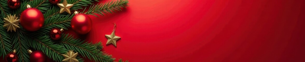 Pine branches, red & gold ornaments, red background Flat lay Christmas scene , background, evergreen, graphic