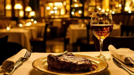 Vintage American Steakhouse Setting with Porterhouse and Wine
