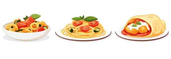 The spread featured a plate of stewed meat, a bowl of creamy pasta with basil, and a meat and vegetable wrap