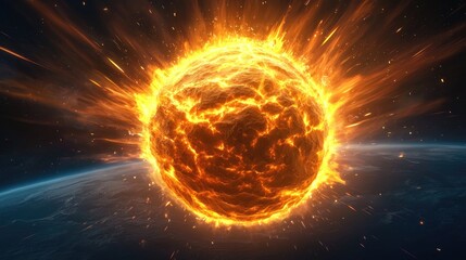 Explosive solar eruption over earth astronomy digital art cosmic environment dramatic viewpoint astrophysics concept