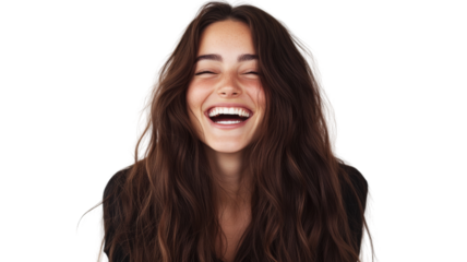 Young woman with long brown hair laughing with closed eyes on transparent background
