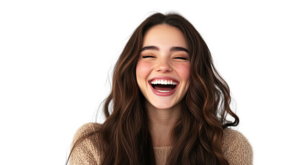 Young woman with long brown hair laughing with closed eyes on transparent background
