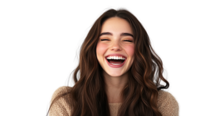 Young woman with long brown hair laughing with closed eyes on transparent background