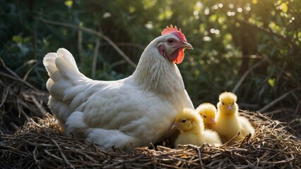 Fototapeta premium Hen with cute chicks resting in a nest, enjoying warm sunlight in a natural setting