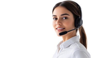 Smiling customer service representative wearing headset on transparent background