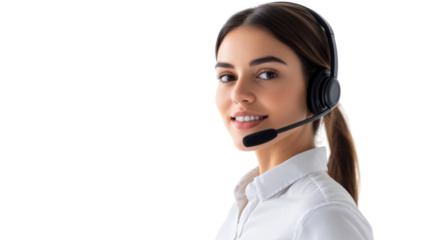 Smiling customer service representative wearing headset on transparent background