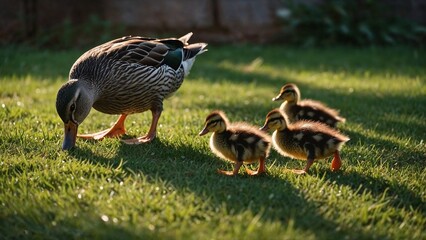 Mother duck and her ducklings pecking at the grass in the sunlight