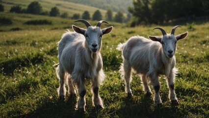 Fototapeta premium Goats grazing in a meadow, enjoying nature and sunlight in a rural setting