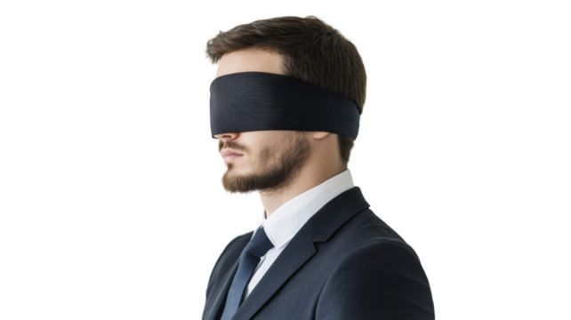 Businessman wearing blindfold on transparent background - Powered by Adobe