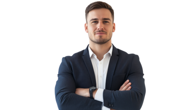 Confident businessman crossing arms on transparent background