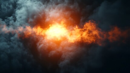 Fiery orange light bursts through dark smoke clouds.