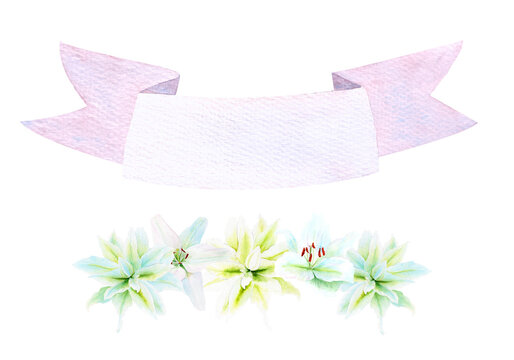 White lily flower garland and lilac banner watercolor set isolated on white. High quality clip art perfect for cards, posters, stickers, Easter, Passover, Holy Thursday, christening baptism wedding