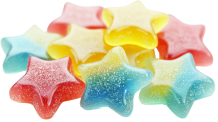 Colorful star shaped gummy candy on transparent background