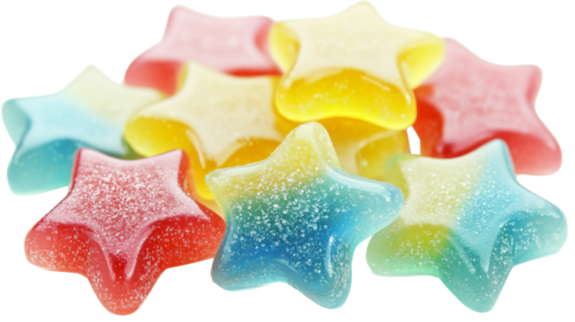 Colorful star shaped gummy candy on transparent background