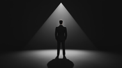 Obraz premium Man in Spotlight: A silhouette of a confident man stands centered under a spotlight, exuding an air of mystery and focus. The scene creates a strong sense of anticipation and drama. 