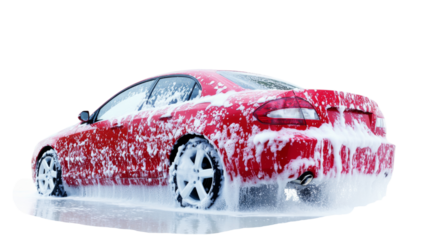 Red car covered in soap suds being washed with transparent background