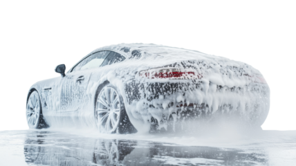 Luxury sports car covered in soap suds during cleaning with transparent background