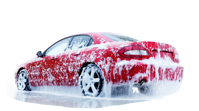 Red car covered in soap suds being washed with transparent background