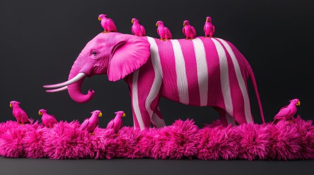 Pink elephant with pink parrots walking on pink grass